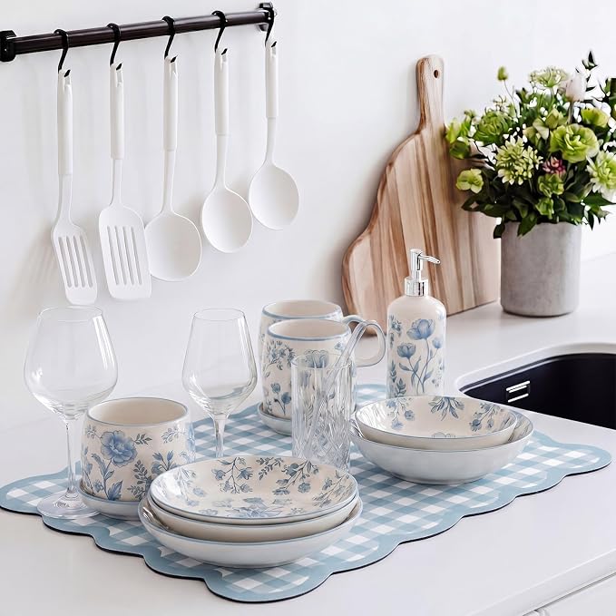 Scalloped Gingham Coffee Mat 12" x 20" Absorbent Coffee Bar Mat Gingham Espresso Matt for Counter(Light Blue)