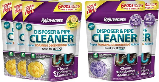 Rejuvenate Garbage Disposal and Drain Pipe Cleaner Pods Powerful Foaming Action and Removes Garbage Disposal Smells 6 Unit Pack Lemon Scent x3 & Lavender Pack x2