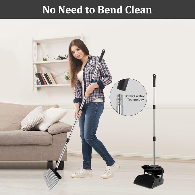 Broom and Dustpan Set, 51" Long Handle Broom with Dustpan Combo Set, Windproof Standing Dust pan with Self-Cleaning Teeth, Household Set Sweep Kitchen Office Lobby Pet Room