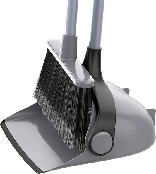 MR.SIGA Broom and Dustpan Set with Adjustable Long Handle, Gray | Stand upright broom with dustpan combo for home, office and garage easy sweeping and storage. 51.7"(131 cm) broom handle