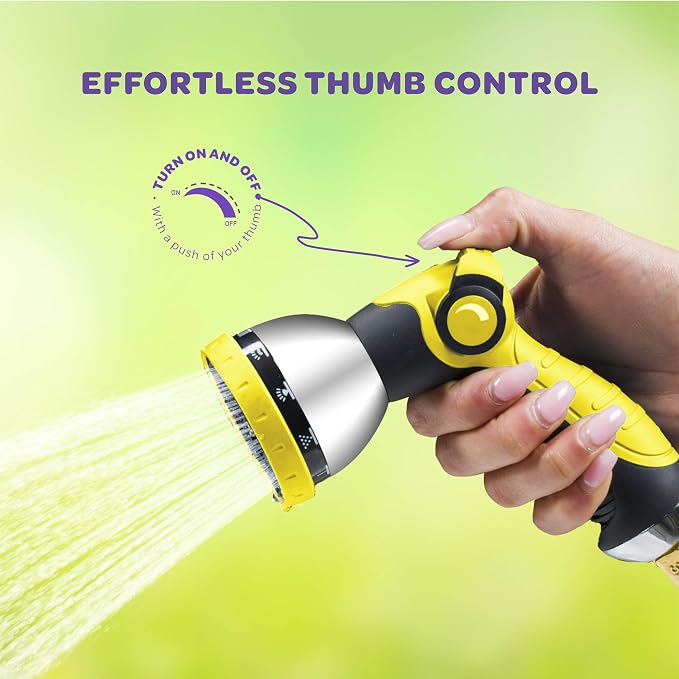Hose Nozzle [Yellow] Heavy Duty Hose Sprayer With 10 Adjustable Watering Patterns. Thumb Control Design, Comfortable Ergonomic Grip, Garden Hose Nozzle for Watering Plants & Lawns/Fun showers/Cleaning