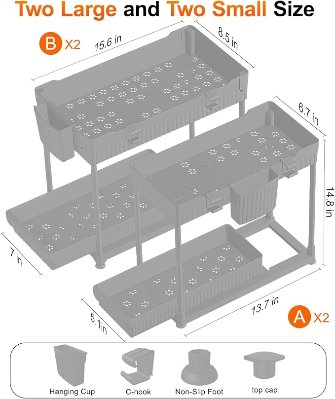Sevenblue 4-Pack 2-Tier Under Sink Organizer with Pull Out Drawers | Multi-use kitchen & bathroom storage. Includes hanging hooks and cups. Gray, space-saving cabinet design. 14.8 Inch