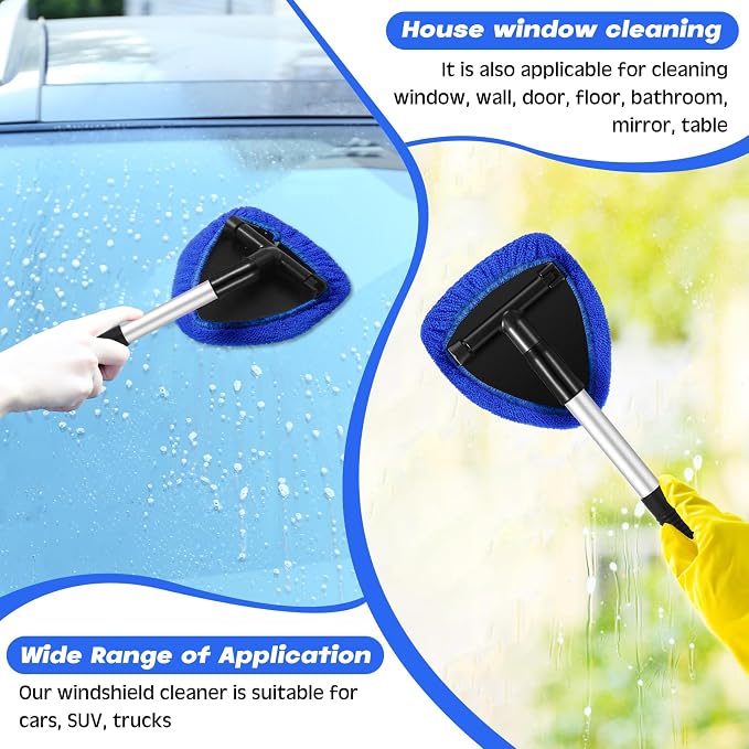 Potchen 8 Pcs Car Windshield Cleaner Tool Kit with Extendable Handle, Microfiber Towel Pads, Brush, Empty Spray Bottle for Auto Glass Wiper Suvs Rvs & Home Windows(Blue)