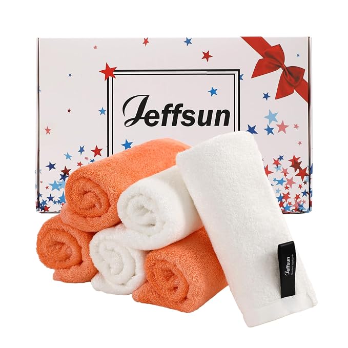 Wash Cloths 6 Pack,Face Towel for Sensitive Skin,13''x13'',White+Orange | 100% Viscose,Women Makeup Removal,Extra Soft,Gently Wash Face & Body,Fast Dry,Hanging Loop,Face Cleansing,Bathroom,Travel Use