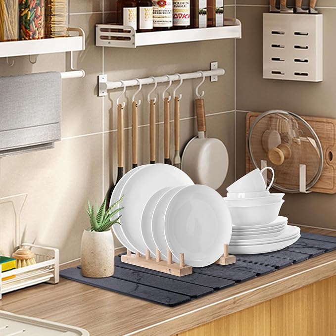 2 PCS Quick Dry Stone Dishes Mats for Kitchen Counter,Collapsible Quick Drying Dish Mats,Ultra Absorbent Diatomaceous Earth Mats for Dishes Bottles Cups, Match Any Countertop（Gray 24"×16"& 8"x4"）