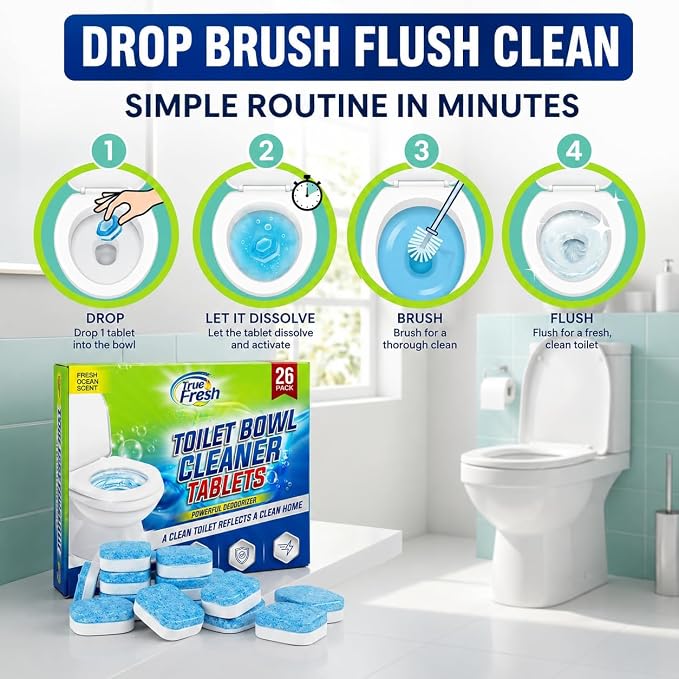 True Fresh Toilet Bowl Cleaner Tablets 26 Pack Deodorizer & Septic Safe Deep Cleaning, Odor Eliminator, Stain Remover for Long-Lasting Freshness Fresh Ocean Scent