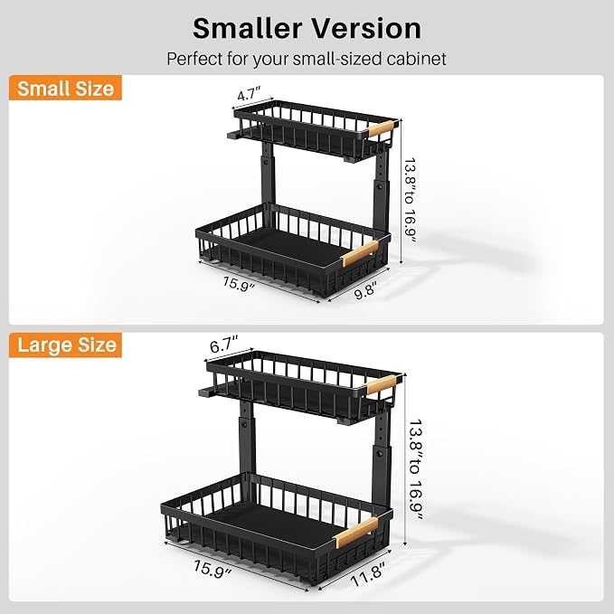 PXRACK Under Sink Organizer, Adjustable Height, 2 Tier Pull Out Under Cabinet Organizer, Slide Out Thickened Metal Under Sink Storage for Kitchen Bathroom Laundry Pantry Cabinet, Black, Small-1-Pack