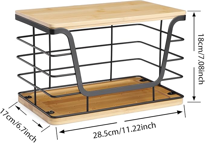 ALOCEO Large Wire Basket for Kitchen Pantry, Stainless Steel Kitchen Counter Organizer for Potato Onion, Trash Bag Dispenser Under Sink with Bamboo Top, Black