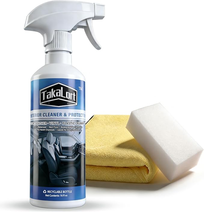 Car Interior Cleaner & Protectant, 16 Fl Oz Interior Detailer Spray – Cleans & Helps Protect Dashboard, Leather, Vinyl & Plastic, Includes Towel & Cleaning Sponge (Pack of 1)
