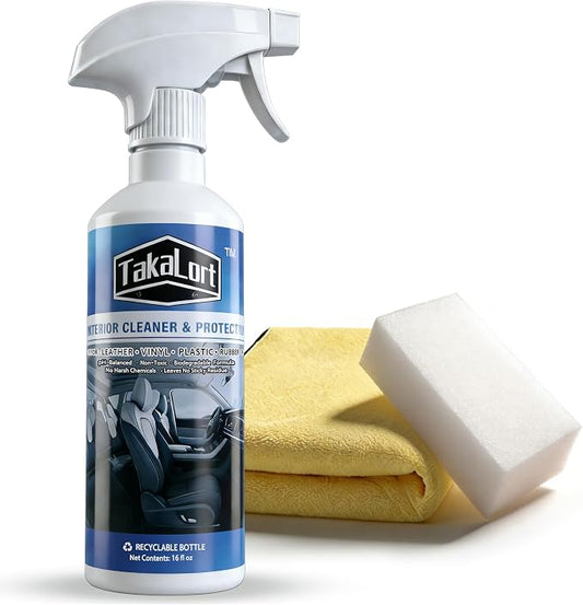 Car Interior Cleaner & Protectant, 16 Fl Oz Interior Detailer Spray – Cleans & Helps Protect Dashboard, Leather, Vinyl & Plastic, Includes Towel & Cleaning Sponge (Pack of 1)