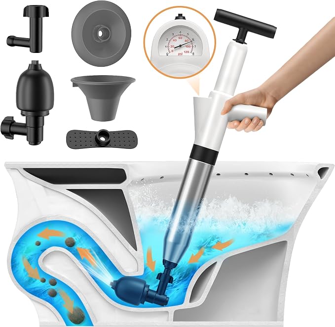 Toilet Plunger, Drain Clog Remover, Plungers for Bathroom, High-Pressure Air Drain Blaster with Real-Time Barometer Powerful Heavy Duty Toilet Snake for Sink, Floor, Kitchen Clogged