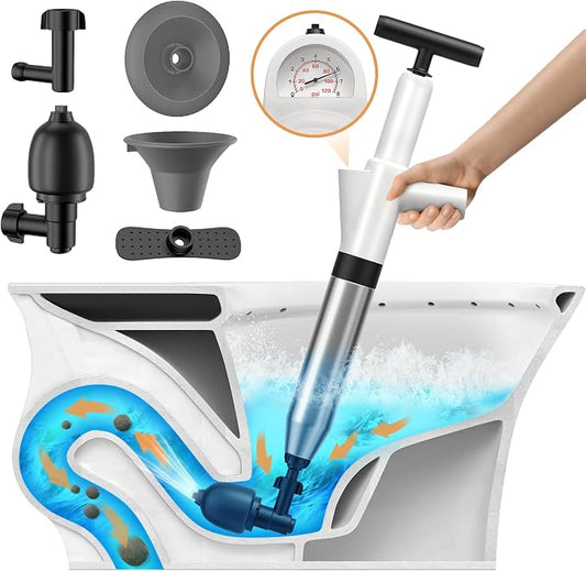 Toilet Plunger, Drain Clog Remover, Plungers for Bathroom, High-Pressure Air Drain Blaster with Real-Time Barometer Powerful Heavy Duty Toilet Snake for Sink, Floor, Kitchen Clogged
