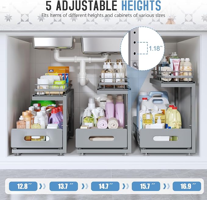 Under Sink Organizer Upgrade To Professional Rails,2-Tier Dual Pull Out Cabinet Storage,Height Adjustable Slide Out Drawers For Bathroom Kitchen,2 Pack-18.5"Dx12.8"-16.9"H,Gun Gray
