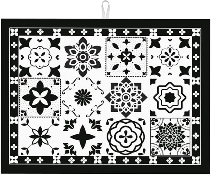 Retro Black Pattern Dish Drying Mat For Kitchen Counter, Super Absorbent Microfiber Dish Drying Pad, Kitchen Gadgets For Easy Clean Multi-Use Large 18"x24"