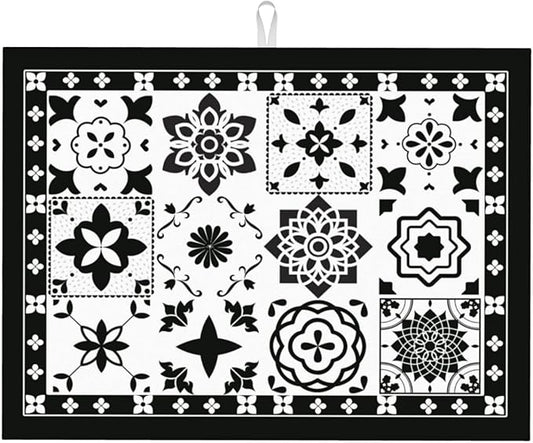 Retro Black Pattern Dish Drying Mat For Kitchen Counter, Super Absorbent Microfiber Dish Drying Pad, Kitchen Gadgets For Easy Clean Multi-Use Large 18"x24"