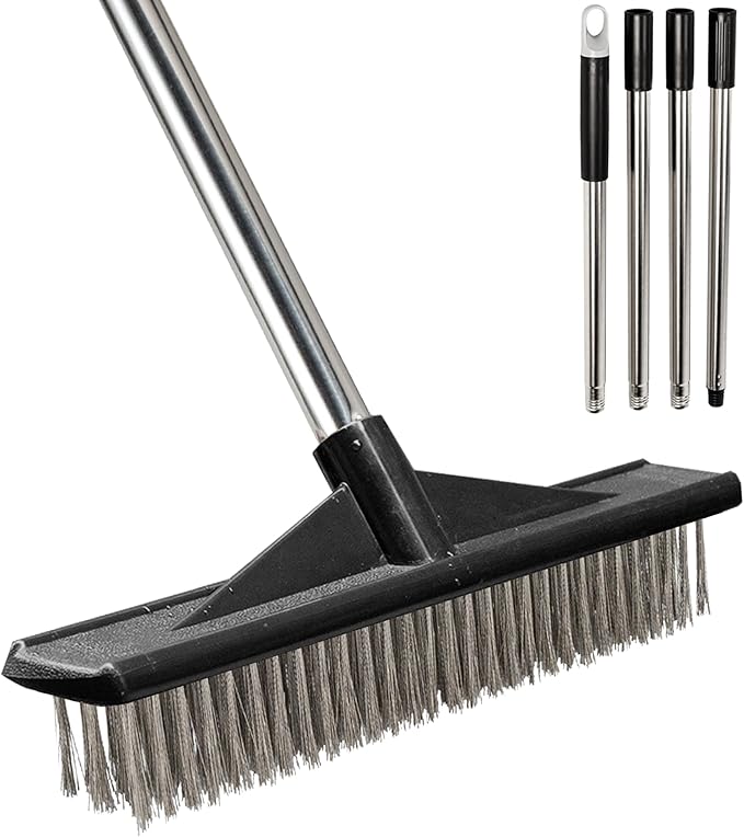 Heavy Duty Floor Scrub Brush Stainless Steel Wire Floor Scrubber with Long Handle Stiff Bristles Outdoor Push Broom for Cleaning Deck,Concrete,Patio,Boat,Moss Removal