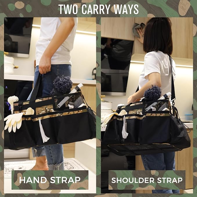 SCAVATA Wearable Cleaning Caddy Organizer with Handle & Shoulder Straps for Housekeepers, Under Sink & Car Cleaning Tool Organizer Bag with 4 Foldable Dividers (Camouflage)