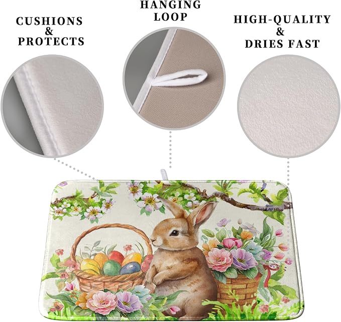Happy Easter Bunny Kitchen Dish Drying Mat for Dishes 18x24 Inch Spring Colorful Floral Flower Basket Drying Mats Easter Eggs Dish Drainer Mat Super Absorbent Dish Rack Pad for Coffee Bar Sinks