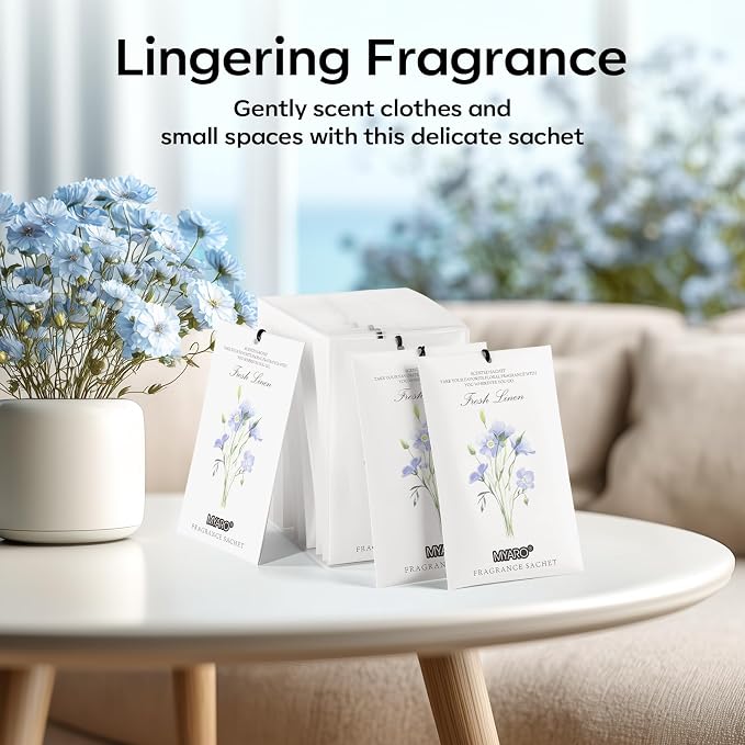 MYARO 12 Pack Fresh Linen Scented Sachets, Closet Deodorizer Car Freshener | Long-Lasting Sachet Bag, Odor Eliminator for Closet, Drawer, Bathroom, Clothes, Fabric Refresher, Home Fragrance Gift Set