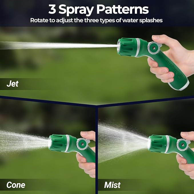 HugeDawn Garden Hose Nozzle, Heavy Duty High Pressure Metal Hose Spray Nozzle with 30% Greater Water High Flow, 3 Spray Patterns, Non-Slip Thumb Control for Quick Watering & Cleaning (Green)