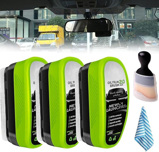 3PCS Window Oil Film Cleaning Brush,Upgrade 2.0 Clear View Glass Cleaner | Auto Glass Oil Film Remover, Anti-Rain & Anti-Fog Protection for Safe Driving, Complete Kit with Brush & Towel
