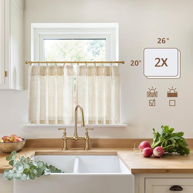 jinchan Linen Pinch Pleated Back Tab Tier Curtains,26x20,2 Panels,Natural | Light filtering,small window treatment,cafe curtains,machine washable,farmhouse,kitchen,bathrooms,laundry