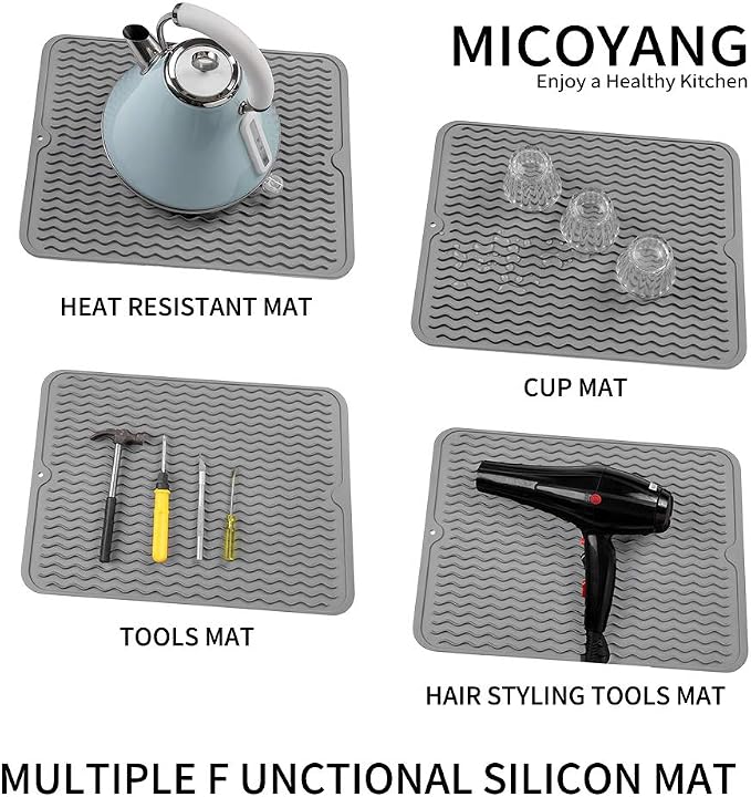MicoYang Silicone Dish Drying Mat, Grey, 16"×12" | Quick-Dry Ridges, Heat-Resistant Trivet to 450°F, Non-Slip & Dishwasher Safe, Roll-Up Storage, 18 Colors & 9 Sizes Available