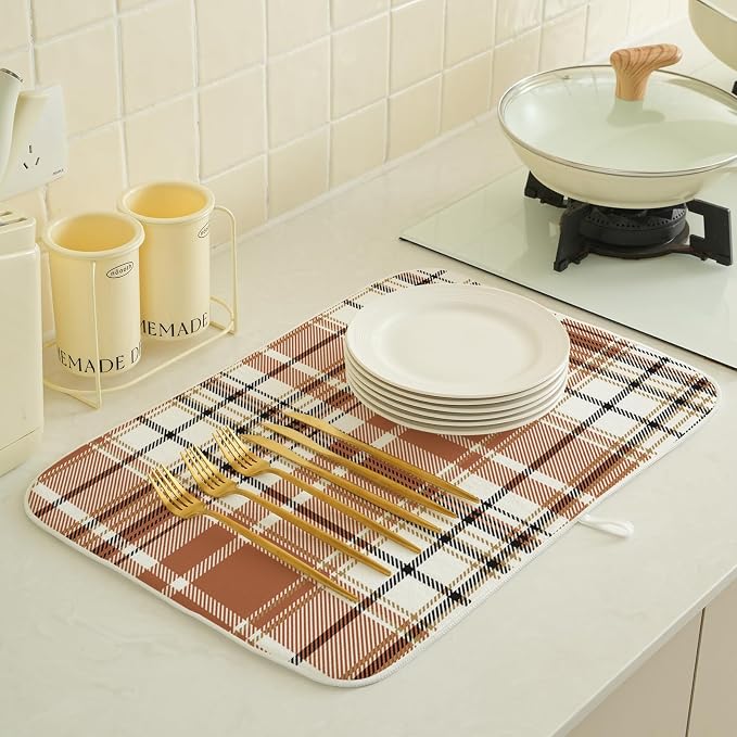 Fall Plaid Dish Drying Mat 18x24 Inch Autumn Orange Buffalo Plaid Drying Mat for Kitchen Counter Absorbent Farmhouse Harvest Thanksgiving Dishes Dry Pad for Drainer Rack Kitchen Fast Dry
