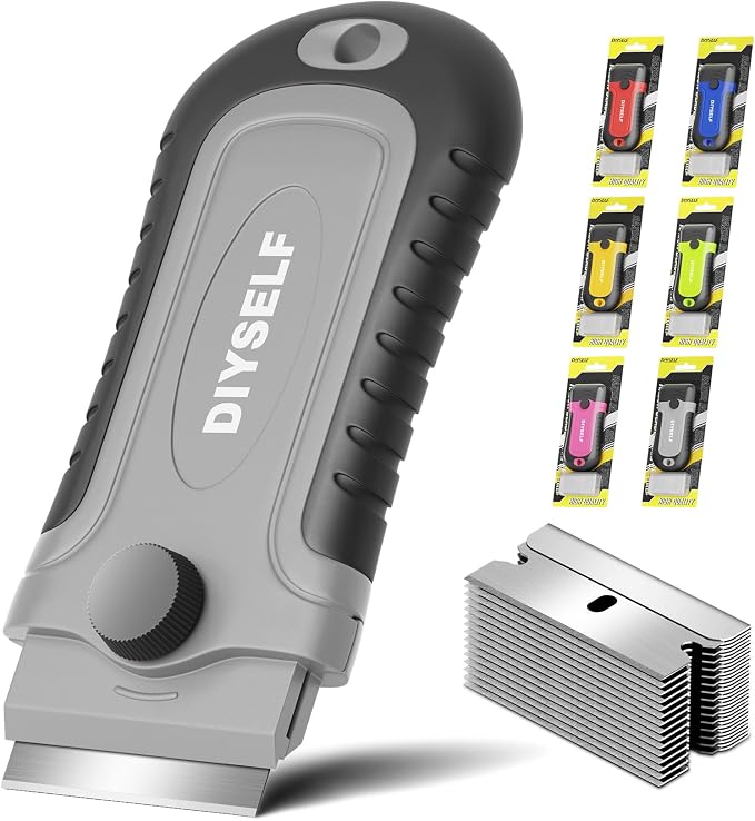 DIYSELF Razor Blade Scraper Tool with 15 Extra Razor Blades, Paint Scraper | Razor Scraper Tool for Glass, Windows, Cooktops, Oven Doors and Tile, Stove Top Cleaner with Built-In Blade Storage