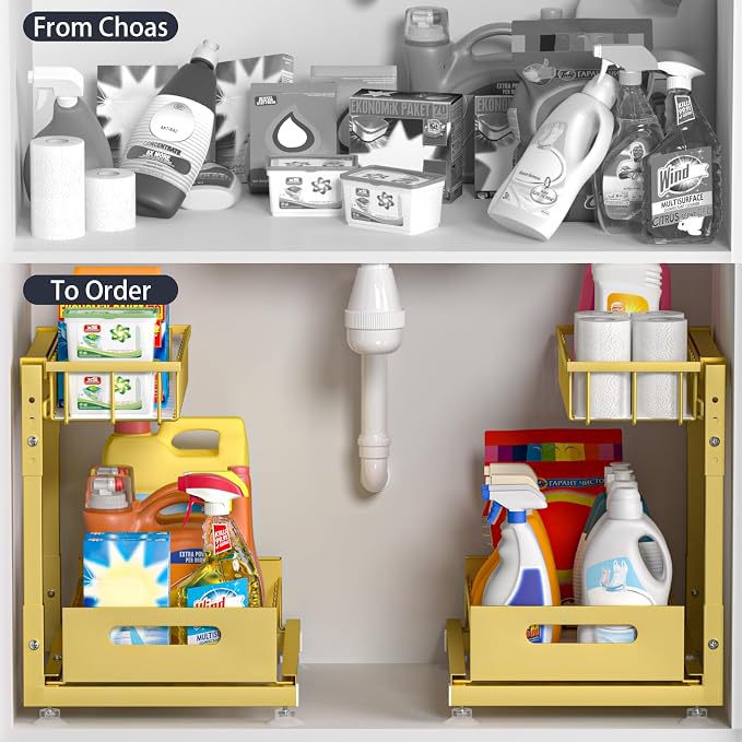 Saydear L-Shaped Under Sink Organizer, 2-Tier Pull-out Cabinet Rack 1-Pack | Gold Height-Adjustable Steel Rack, Sliding Grid Drawers with PP Liners, Holds 100 Lbs, Suction Base, Ideal Kitchen Storage