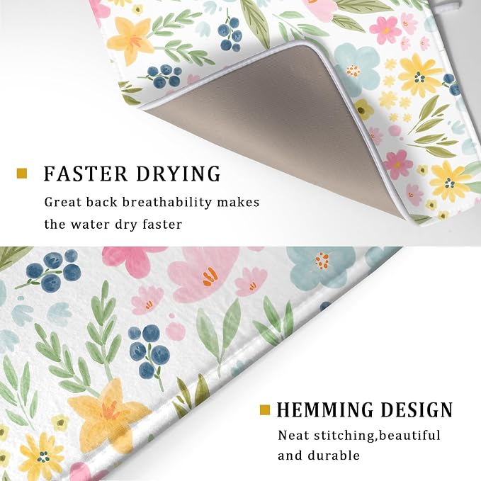 Spring Dish Drying Mat for Kitchen Counter Cute Floral Summer Holiday Microfiber Absorbent Dish Draining Reusable Washable Foldable Extra Large 18"x24"