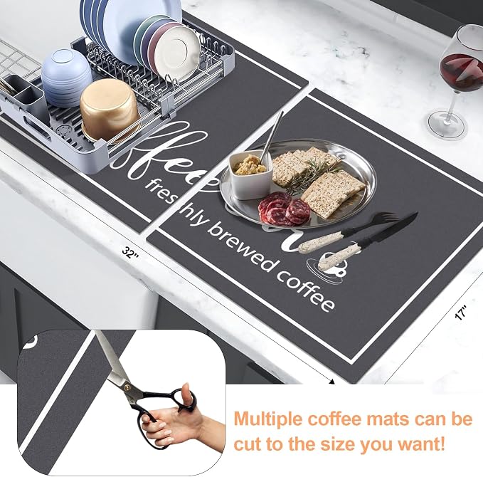 Findosom Dish Drying Mat, 17"x 32" Super Absorbent & Hide Stain Coffee Mat, Cuttable Drying Mat for Kitchen Counter, Coffee Bar Accessories, Under Dish Rack, Coffee Maker, Espresso Machine, DarkGrey