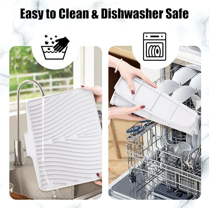 TIKNIK Silicone Dish Drying Mat for Kitchen Counter - Heat Resistant & Non-Slip Dish Drain Pad with Built-In Drain, Dishwasher Safe, Quick-Dry, Hangable & Roll-Up for Storage, White-2pcs, 16" x 12"
