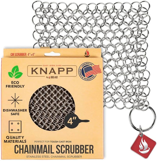 Knapp Made CM Scrubber 4" x 4" Small Ring Chainmail Cast Iron Scrubber, Premium Stainless Steel Mesh Cleaner for Pre-Seasoned Pans, Dutch Ovens, Grills and Skillets