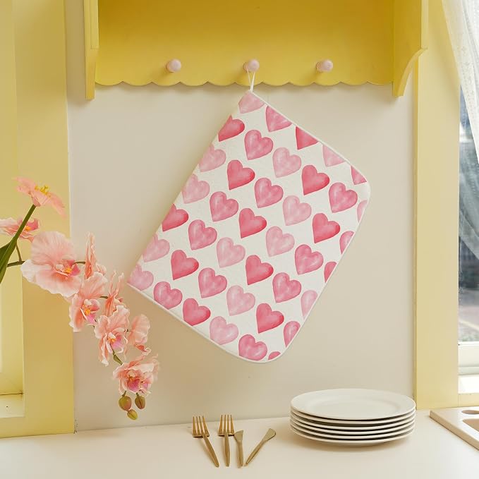 Valentines Day Dish Drying Mats 18x24 Inch Love Pink Heart Drying Mats Anniversary Mother's Day Holiday Valentines Decorations Absorbent Drying Dish Mats for Kitchen Dining Room Counter Decor
