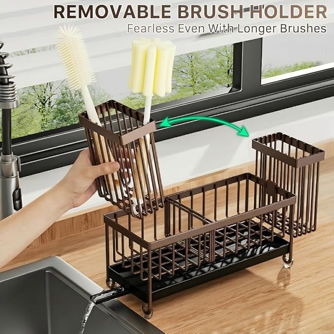 Cisily Brown Sponge Holder for Kitchen Sink, Sink Caddy Organizer with High Brush Holder, Kitchen Countertop Organizers and Storage Essentials, Rustproof 304 Stainless Steel, Soap Dispenser Organize