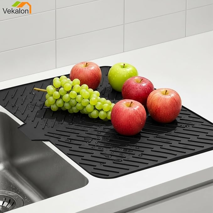Large Silicone Dish Drying Mat – 23"x17" Sloped Sink Draining Tray with Sponge Holder for Kitchen Counter, Angled Surface for Water Drainage, Silicone Rack Mat with Drain Lip(Black)
