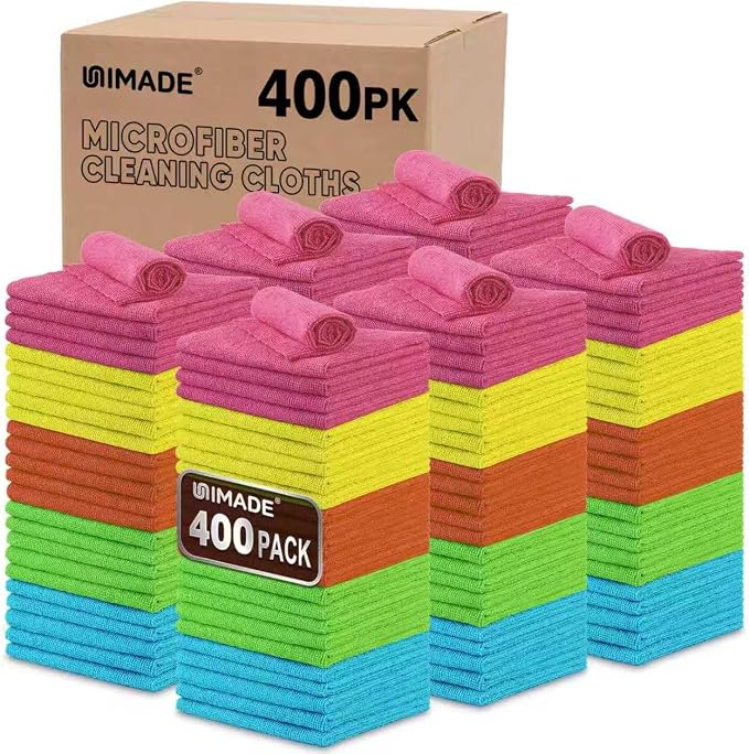UNIMADE Microfiber Cleaning Cloth, 400PK Commercial Grade Work Rags Microfiber Towels for Cars Cleaning Rags Bulk Detailing Cloth for Automotive Bar Mechanic Restaurant Garage, 11.5"x11.5", Multicolor