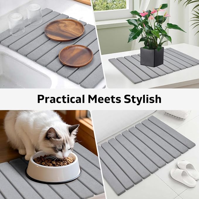 Stone Dish Drying Mat for Kitchen Counter – Collapsible 24"(L)×16 (W) Super Absorbent Diatomaceous Earth Dish Drying Mat, Grey Kitchen Counter Mats for Dishes, Bottles, Cups, Match Any Countertop