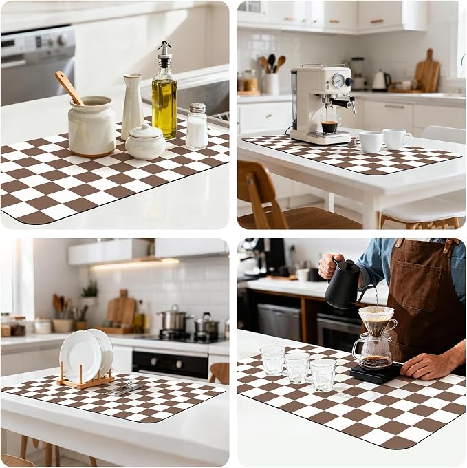 Checkered Dish Mat for Kitchen Coffee Station, 17" x 32"Coffee Brown | Quick Drying & Absorbent Mat for Coffee Bar Espresso Machine Countertops Accessories