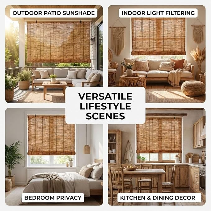 Bamboo Roman Shades for Windows 27 inch 30 inch 34 inch 46 inch Cordless Bamboo Blinds Blackout 70% Hand Woven Reed Roller Blinds with Lift for Inside Mount Privacy Screen(Natural,38" W x 72" H)
