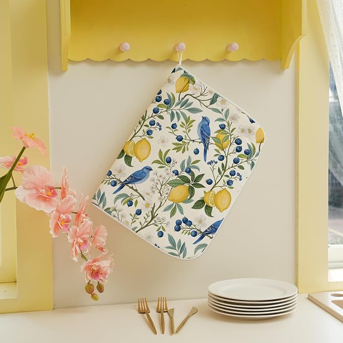 chinoiserie Navy Blue Green Bird Flower Dish Drying Mats 18x24 Inch Vintage Botanical Yellow Lemon Floral Decorative Kitchen Decor Drying Pad Rack Drainer Mats for Kitchen Dining Room Counter
