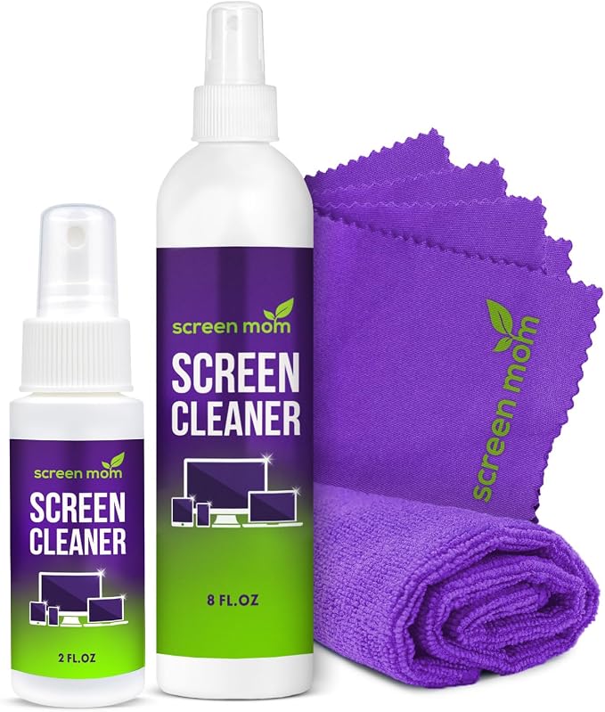 Screen Mom Screen Cleaner Spray 8oz & 2oz for TV, Car, Laptop and Computer | Streak-Free Formula, Alcohol & Ammonia Free, 4 Microfiber Cloths, Cleans TVs Phones Tablets Glass OLED, Residue-Free Cleaning