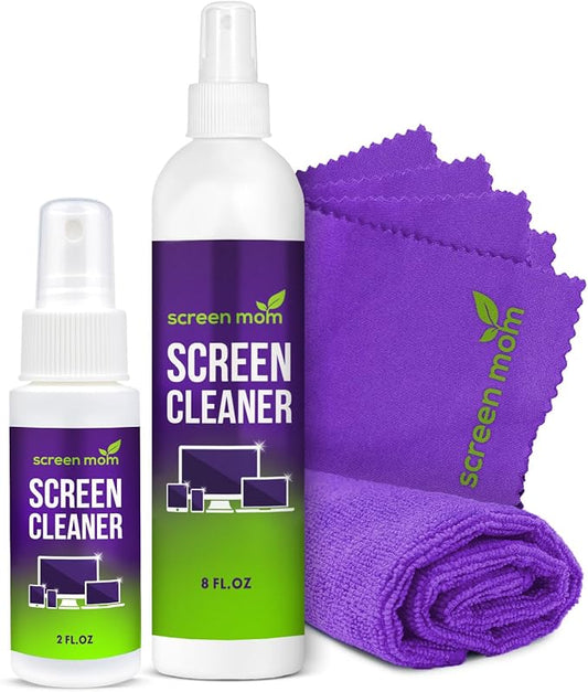Screen Mom Screen Cleaner Spray 8oz & 2oz for TV, Car, Laptop and Computer | Streak-Free Formula, Alcohol & Ammonia Free, 4 Microfiber Cloths, Cleans TVs Phones Tablets Glass OLED, Residue-Free Cleaning