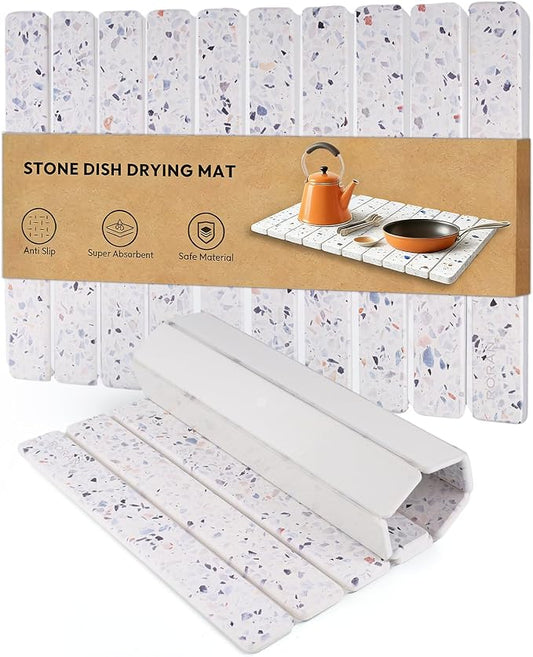 Stone Drying Mat for Kitchen Counter, 24"(L)×16"(W), Drying Matt Kitchen Counter, Quick Dry Stone Dishes Mats, Foldable Diatomaceous Earth Mat (Petal Terrazzo)