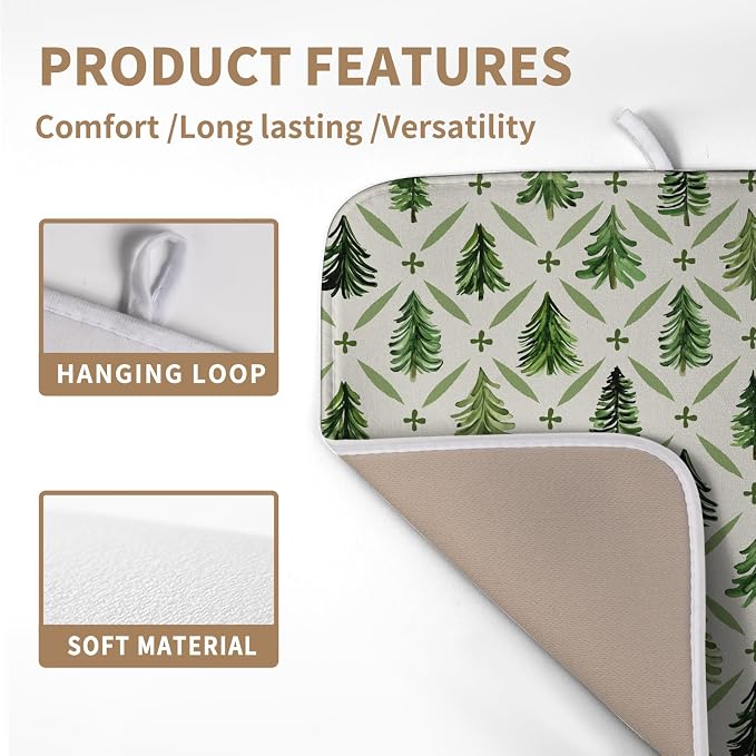 Christmas Dish Drying Mat for Kitchen Counter 16x18 Inch Sage Green Xmas Tree Drying Mats Winter Holiday Dish Drainer Pad Microfiber Absorbent Dish Draining Mat for Coffee Bar