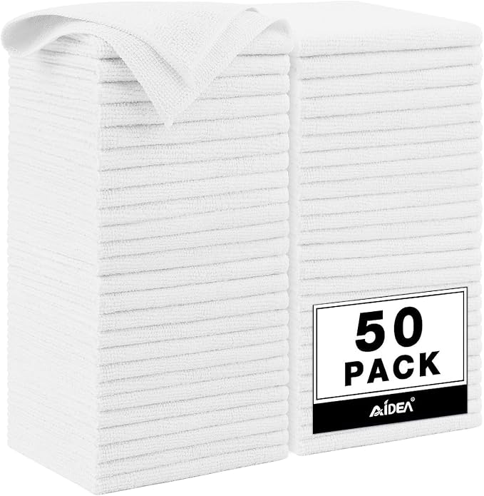 AIDEA Microfiber Cleaning Cloth White 50PK, Microfiber Towels for Cars, Premium Car Cloths, Dusting Cloth Lint Free Cleaning Rags for SUVs, House, Kitchen, Window, Workshops,12×12"