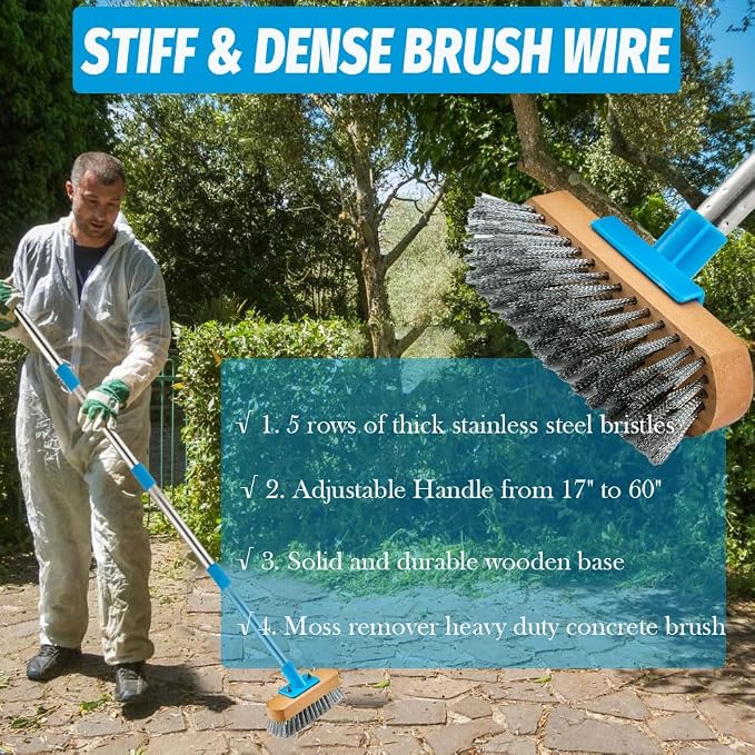 YONILL Stainless Steel Deck Scrub Brush with 60" Long Handle for Outdoor | Heavy Duty Floor Scrubber Brush, Moss Remover Wire Cleaning Brushes for Rough Surface, Concrete Floor, Patio, Garden, Garage