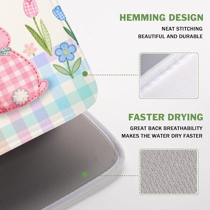 Easter Bunny Dish Drying Mat for Kitchen Counter 16 x 18 Inch Rabbit Eggs Dish Drainer Mat Absorbent Microfiber Dish Rack Pad for Spring Holiday Coffee Dining Bar Decor