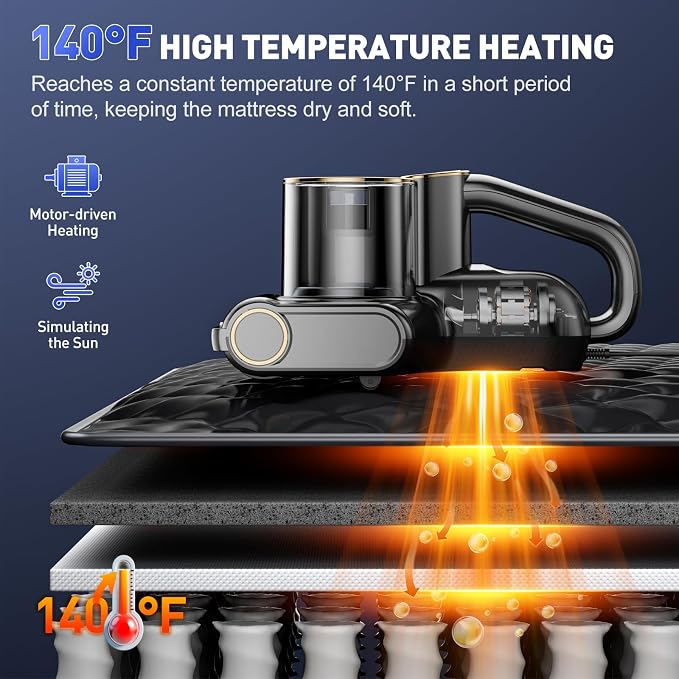 CFBF Mattress Bed Vacuum Cleaner with 16Kpa Suction & 253.7nm UV-C Light | Ultrasonic & High Heating, 500W Powerful Double-Cup Handheld Vacuums for Bed, Sofa, Couch, Crib, 16.4FT Corded